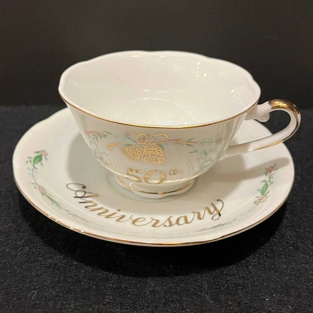 Vintage 1984 Lefton 50th Anniversary Teacup and Saucer Made in Japan